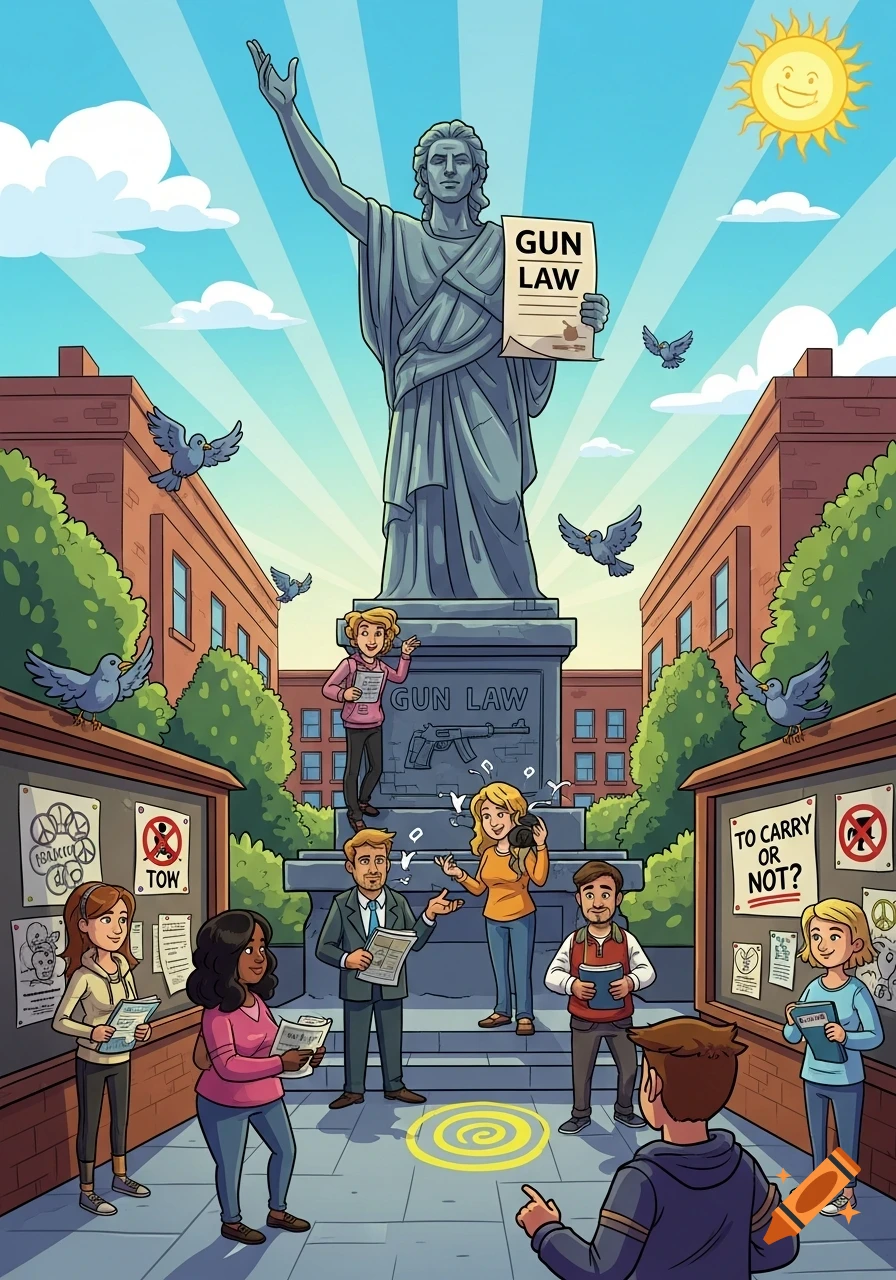 A cartoon depicts people discussing gun law in front of a statue holding a "GUN LAW" document, with signs reading "TO CARRY OR NOT?"