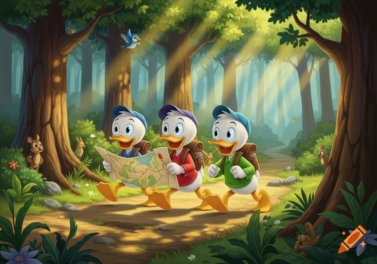 Huey, Dewey, and Louie in hiking gear look at a map while walking on a forest path with sunbeams, a blue bird, and small animals.