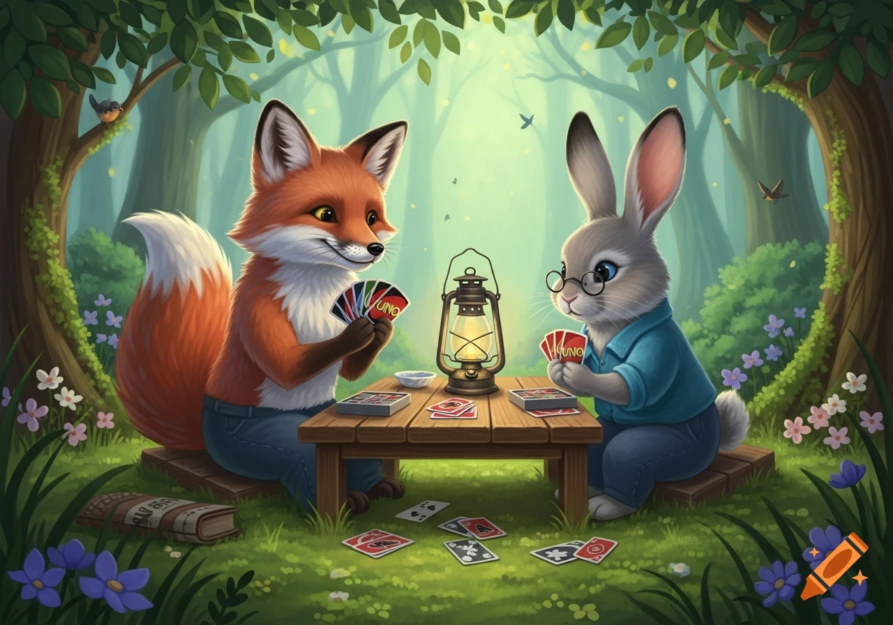 A cute fox and a rabbit playing UNO at a small wooden table in a whimsical, lush forest, illuminated by a lantern.