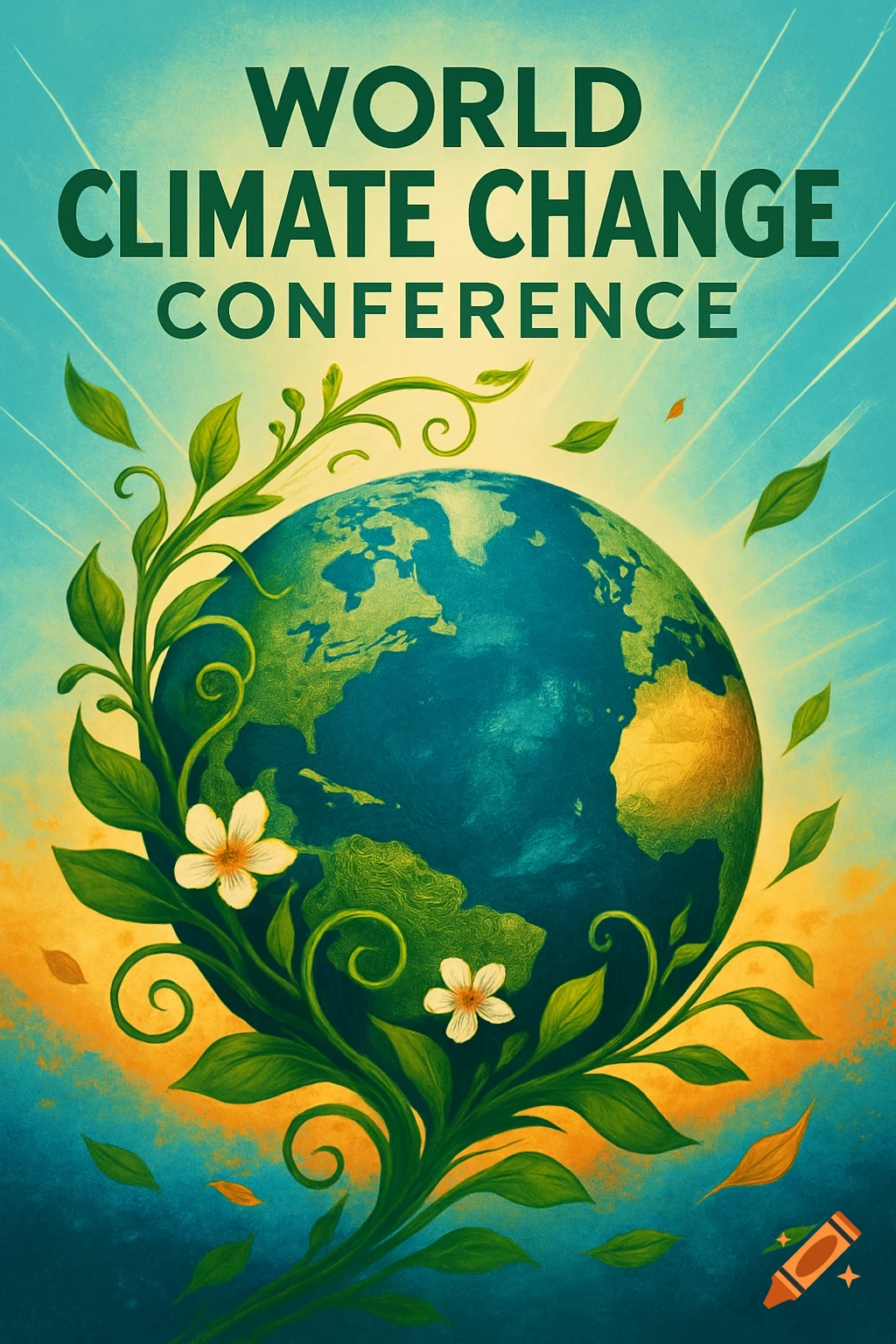 Illustrated poster for World Climate Change Conference featuring earth, green foliage, and white flowers.