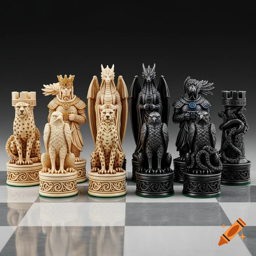 A full set of fantasy-themed chess pieces, featuring detailed white and black figures of mythical creatures and animals on a chessboard.
