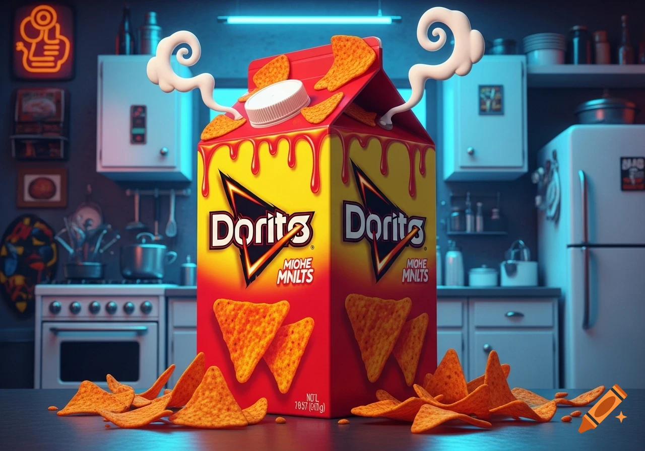 A large Doritos-branded milk carton with red sauce dripping, surrounded by tortilla chips on a kitchen counter.