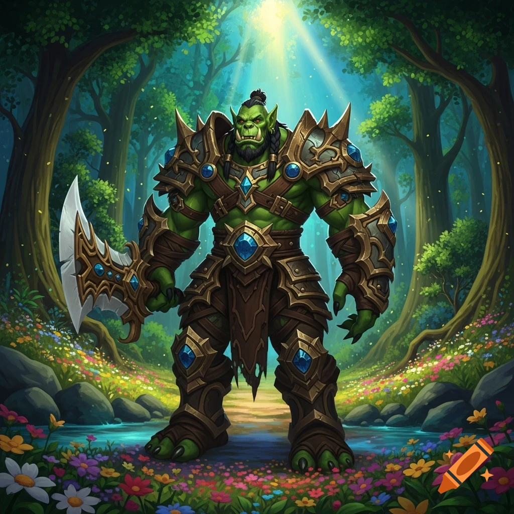 A green-skinned fantasy orc warrior in ornate splinter armor stands in ...