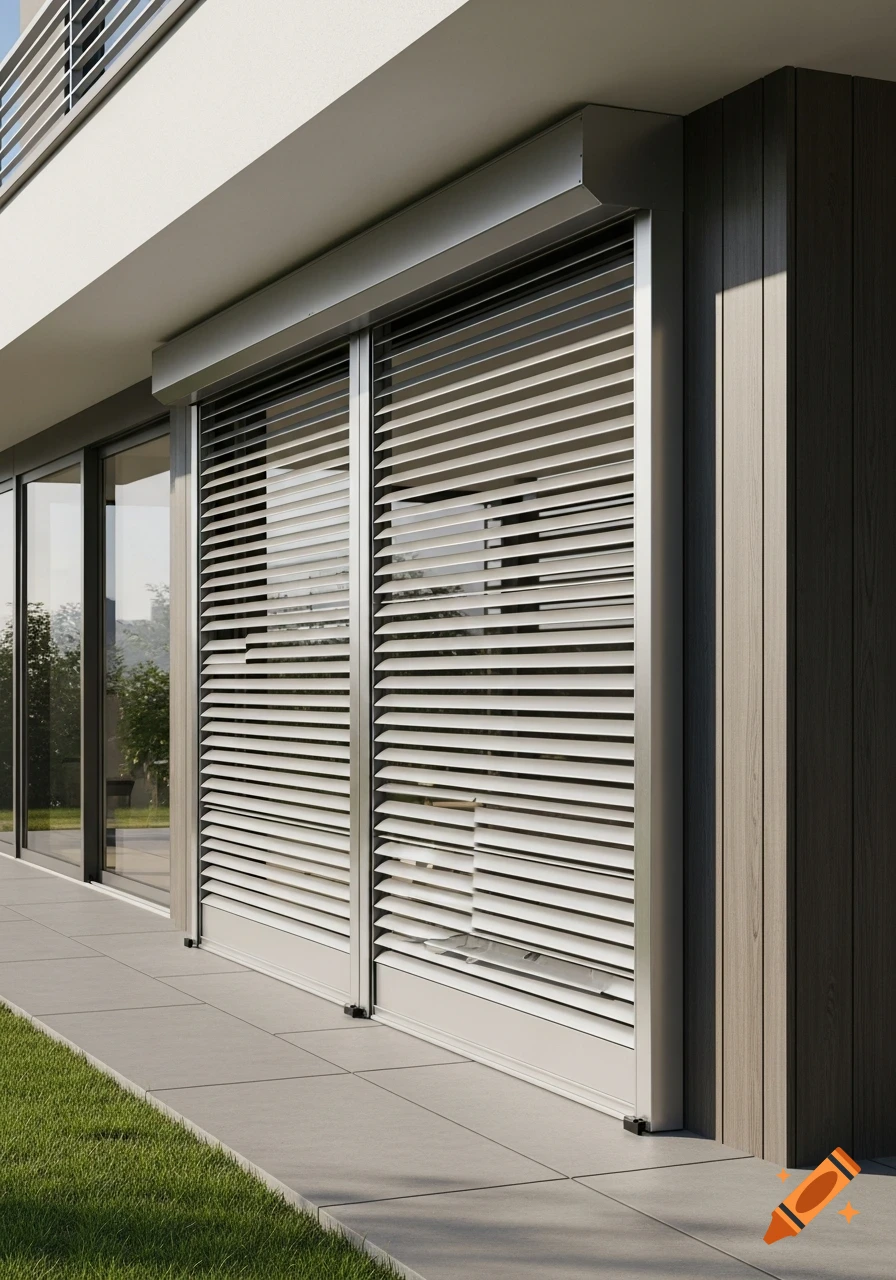 A close-up view of modern, light-colored exterior shutters on large sliding glass doors of a contemporary building, with a balcony overhead and a paved patio leading to a grassy area.