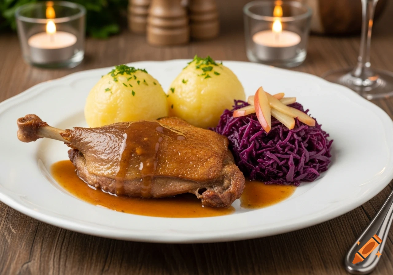 A roasted duck leg with gravy, two potato dumplings, and red cabbage topped with apple slices on a white plate, with lit candles in the background.