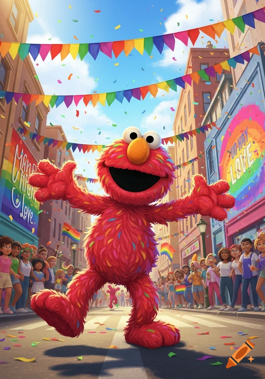 Elmo smiles with arms wide open at a vibrant Pride parade, surrounded by people and rainbow banners on a sunny street.