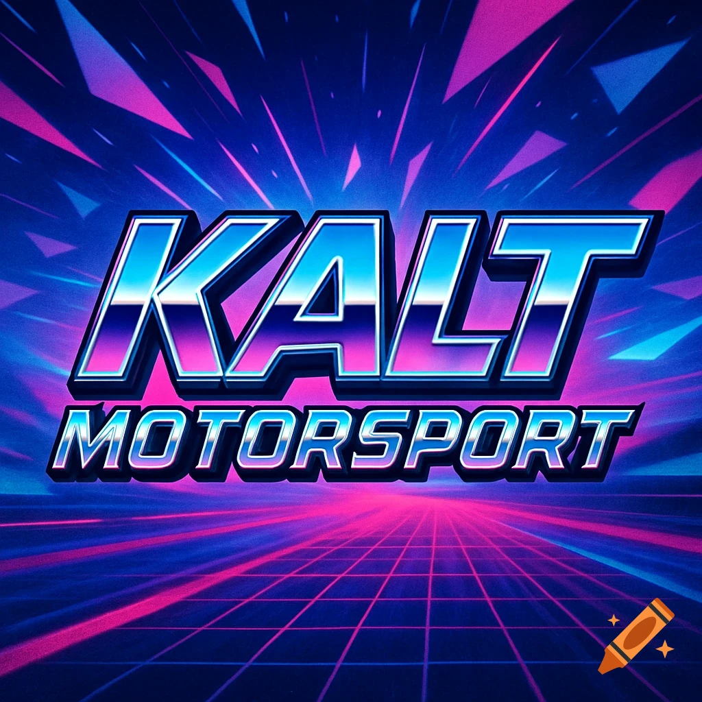 KALT MOTORSPORT logo in metallic 90s synthwave style with a neon pink and blue grid background.