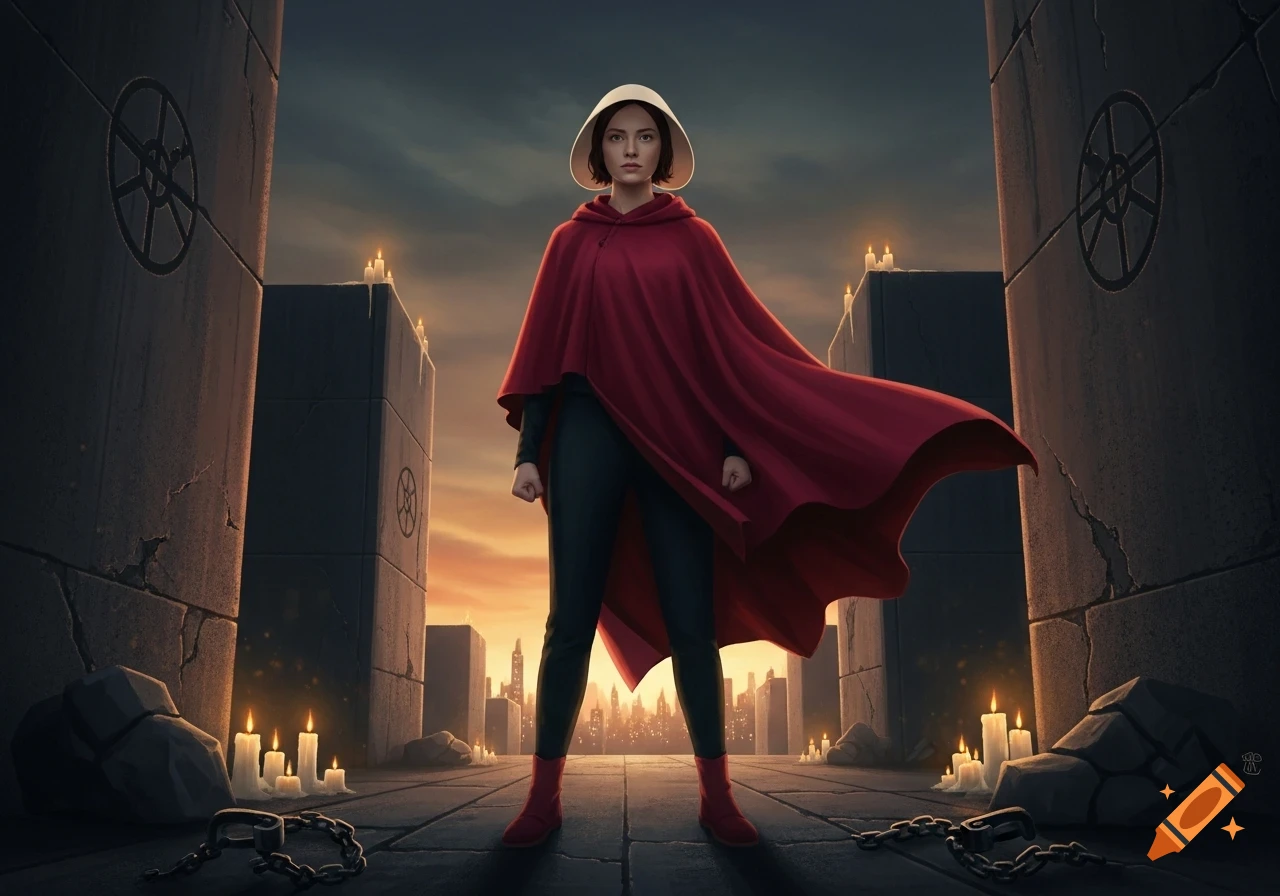 A woman in a red cloak and white bonnet stands confidently amidst stone structures with candles and chains, a city visible at sunset.