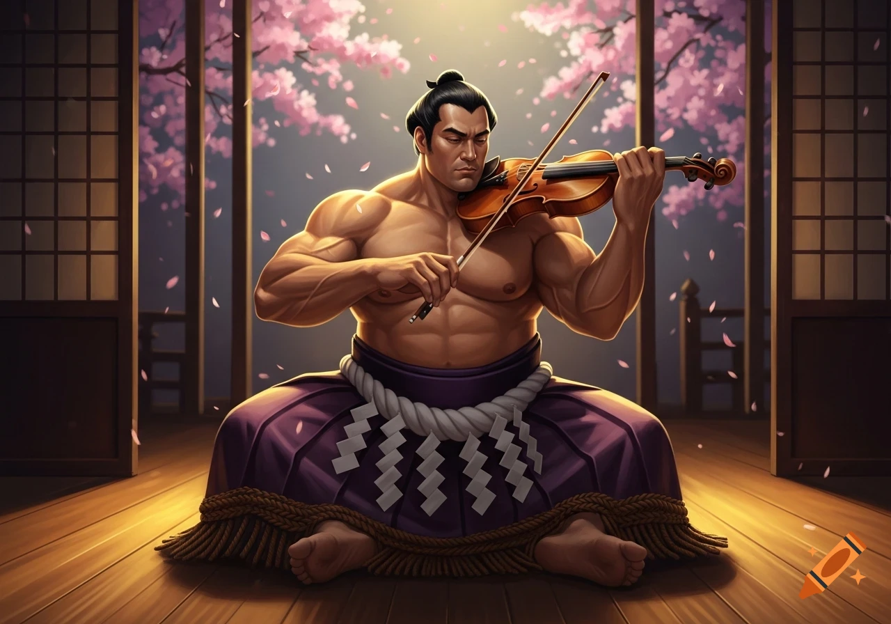 Muscular sumo wrestler in a purple mawashi plays a violin inside a traditional Japanese room with cherry blossoms.