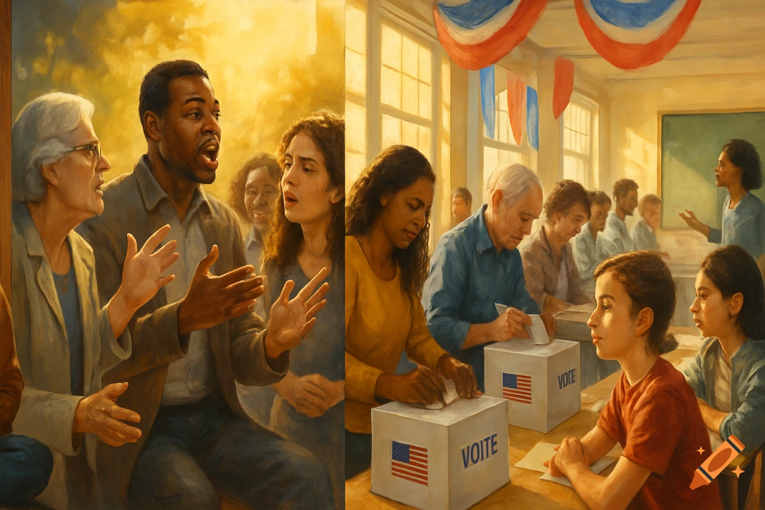 A painted diptych showing a diverse group of adults in discussion on the left, and people casting ballots into boxes with US flags on the right.