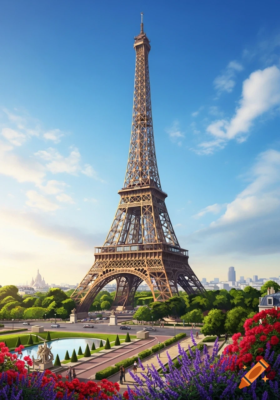 The Eiffel Tower stands tall in a vibrant Parisian park with red and purple flowers, a fountain, and city buildings under a blue sky.