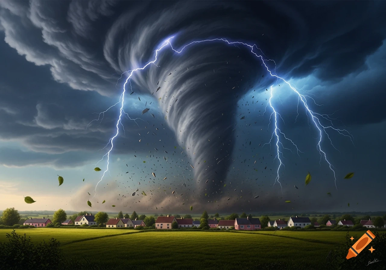 A dramatic wedge tornado with lightning strikes over a village and green fields under a dark, stormy sky.