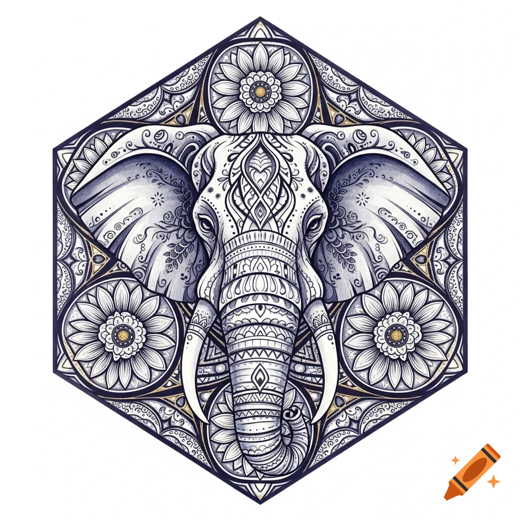 Detailed mandala illustration of an elephant's head within a hexagonal frame, featuring intricate patterns and floral motifs.