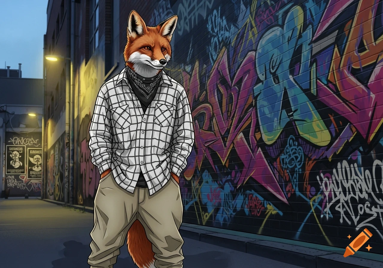 A stylized fox wearing a plaid shirt and bandana stands in a graffiti-covered urban alley.