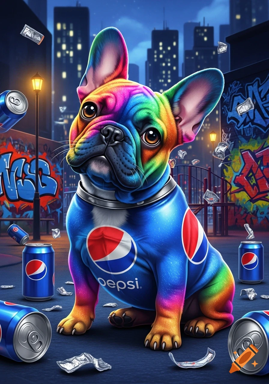 A rainbow-colored French bulldog in a blue Pepsi shirt sits on an urban street at night, surrounded by Pepsi cans and crumpled money, with graffiti walls and city buildings in the background.