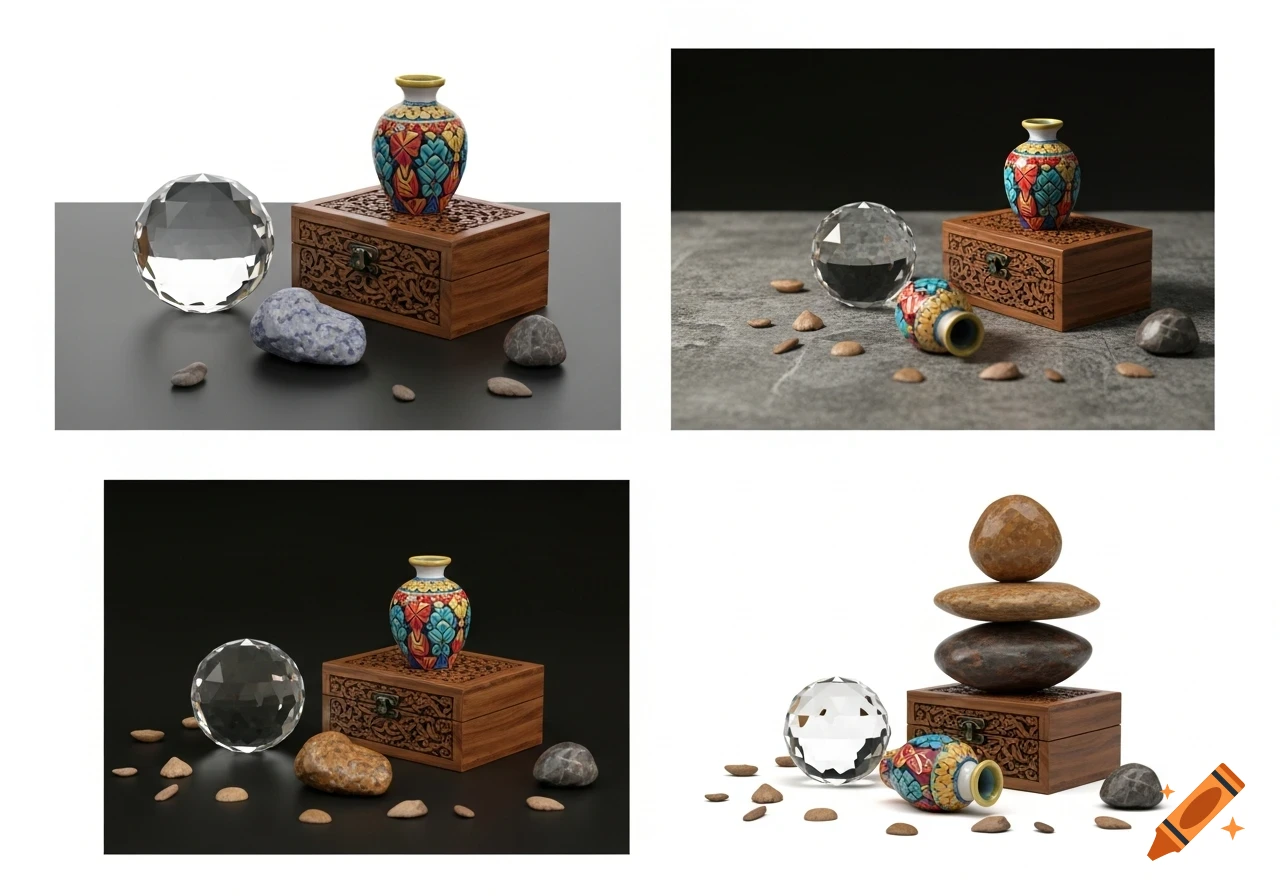 Four panels showing various arrangements of a patterned vase, a carved wooden box, a faceted crystal sphere, and natural stones on different backgrounds.