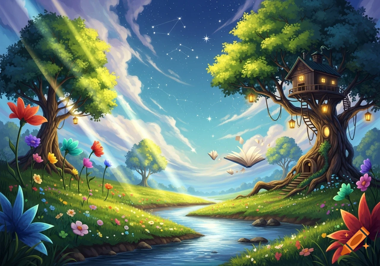 A vibrant fantasy landscape with a river, lush green hills, colorful flowers, and a treehouse in a large tree, under a starry sky with floating open books.
