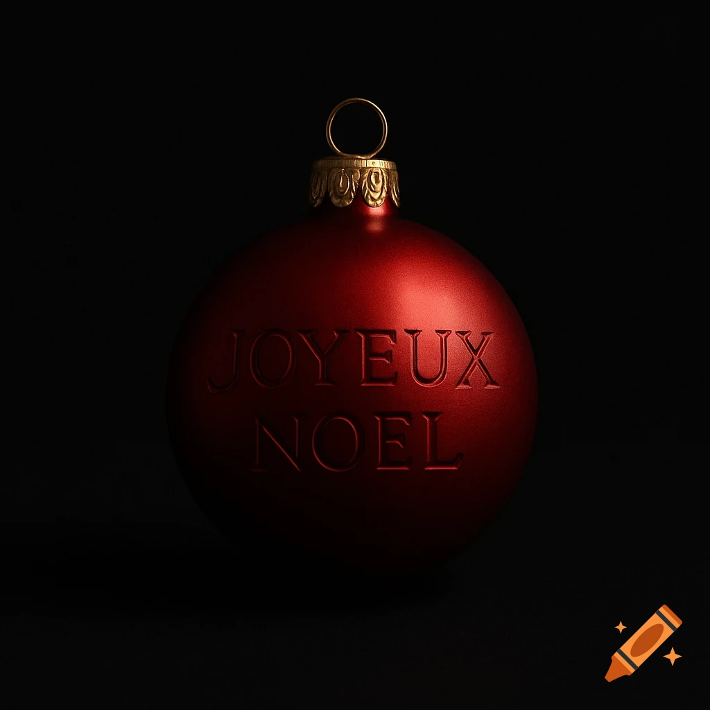 A shiny red Christmas bauble with 'JOYEUX NOEL' embossed on it, set against a dark background.
