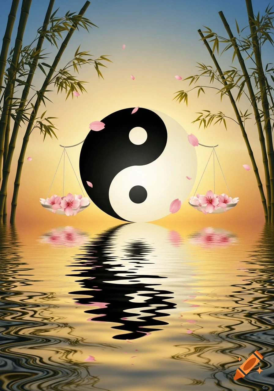 A large Yin and Yang symbol stands at sunset, flanked by bamboo, reflected in water with falling pink petals.