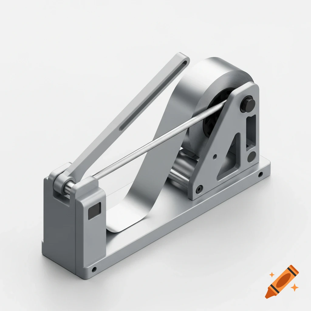 Isometric 3D rendering of a silver hand-operated unwinder and rewinder machine with a lever and metallic foil roll.