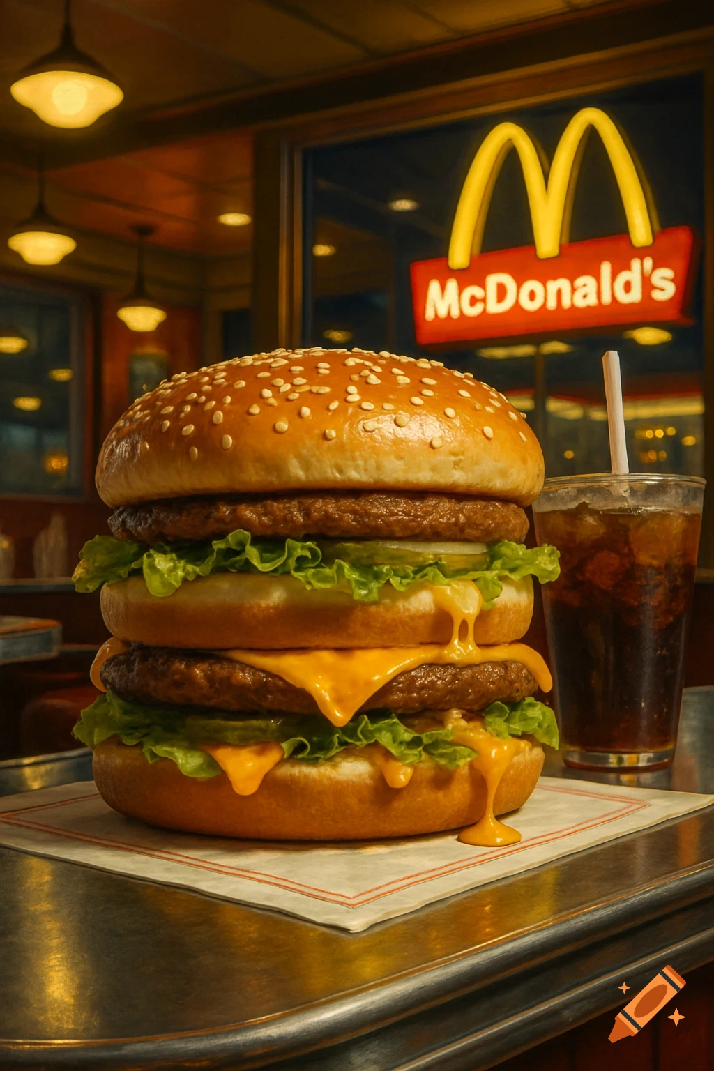 Photorealistic close-up of a double-patty burger with melting cheese and lettuce next to a soda on a tray, inside a McDonald's restaurant.