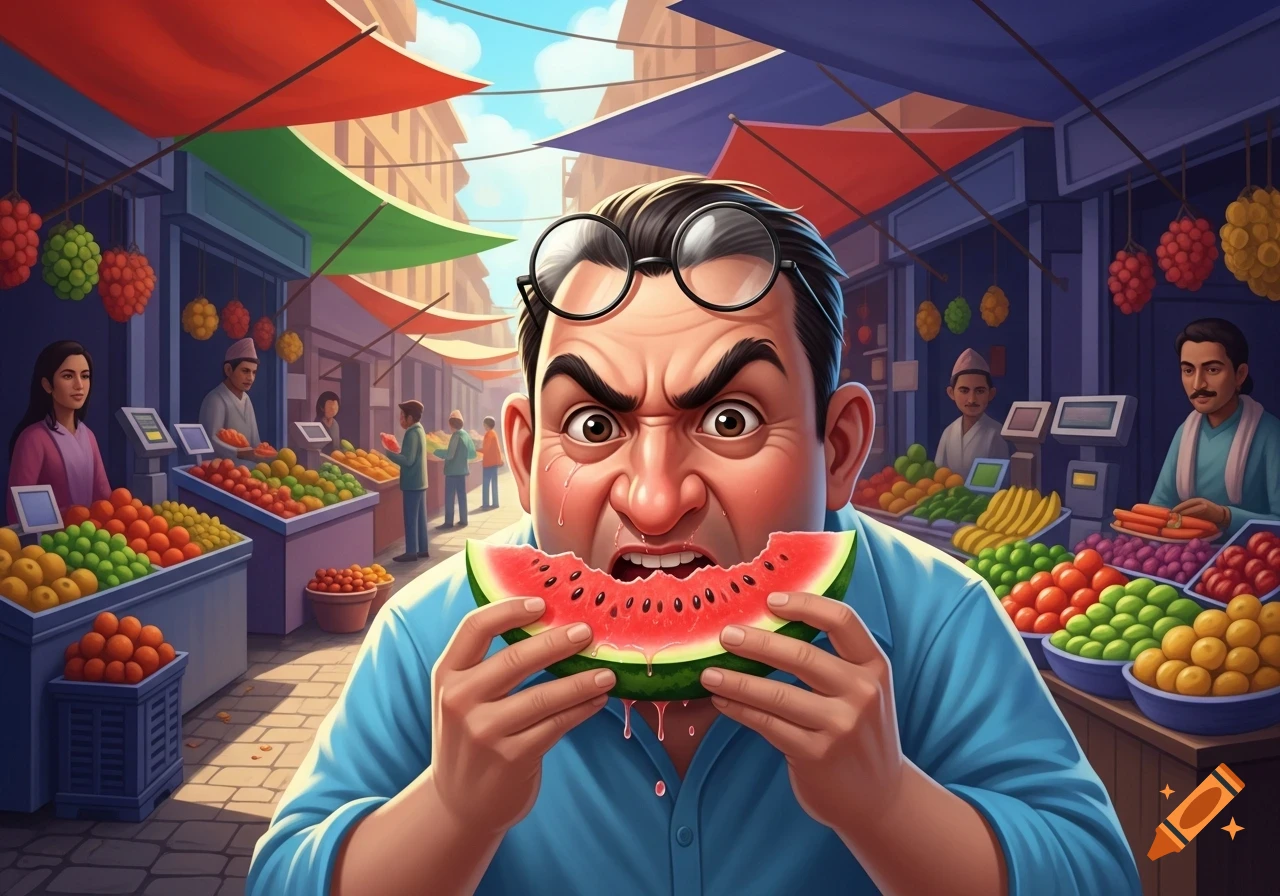 A man with glasses and an angry expression aggressively eats a watermelon at a bustling street fruit market, in a cartoon style.