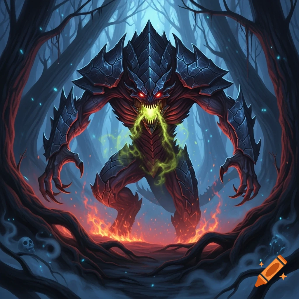 A dark, spiky fantasy monster with glowing red eyes and green energy ...