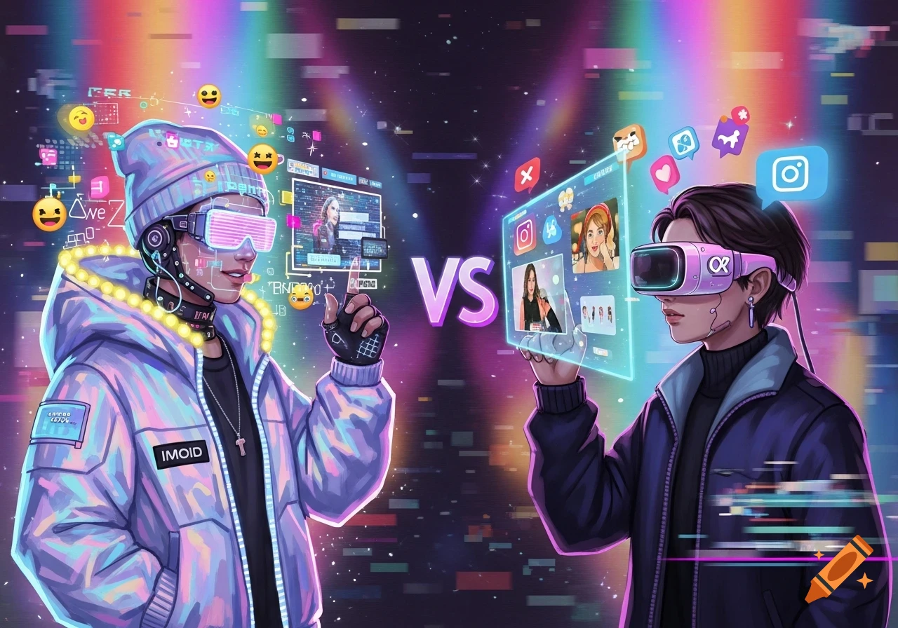 Two characters in VR headsets interact with floating screens displaying social media icons and digital information in a vibrant, futuristic setting, separated by a 'VS' graphic.