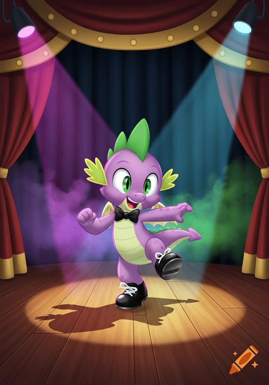 Spike from My Little Pony, a purple and green cartoon dragon, tap dancing on a wooden stage under colorful spotlights.