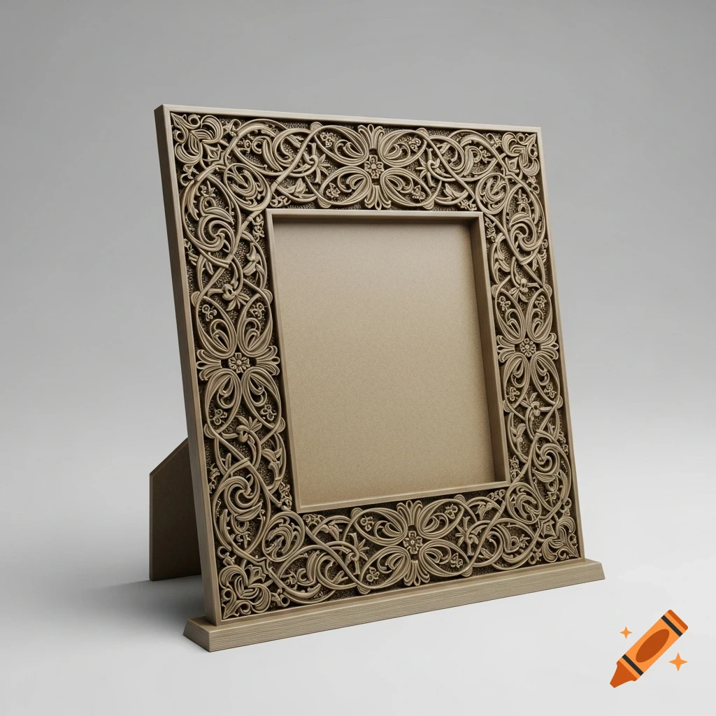 A 3D rendered ornate light brown picture frame with intricate scrollwork carvings stands upright on a base.