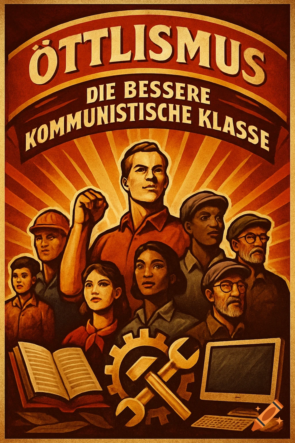 Stylized propaganda poster with diverse workers, a raised fist, and industrial tools, text 'Öttlismus - Die bessere kommunistische Klasse'.
