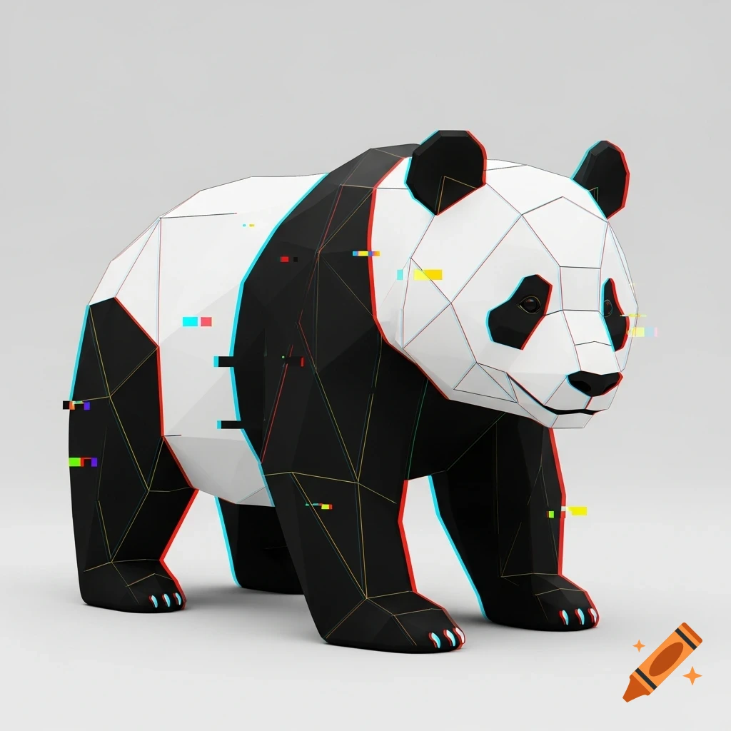 A minimalist black and white geometric panda with red, blue, and colorful glitch effects on a plain background.
