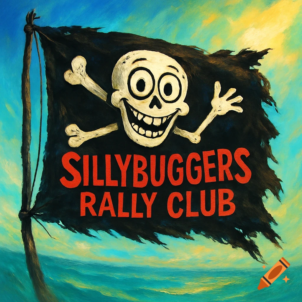 A cartoonish pirate flag with a smiling skull and crossbones and the words "SILLYBUGGERS RALLY CLUB" against an ocean and sky background in a painterly style.