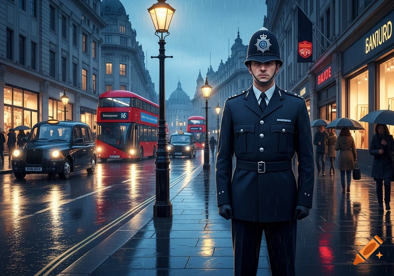 A British police officer stands in the foreground of a rainy London street, with red double-decker buses, black cabs, and pedestrians with umbrellas in the background. Photorealistic style.