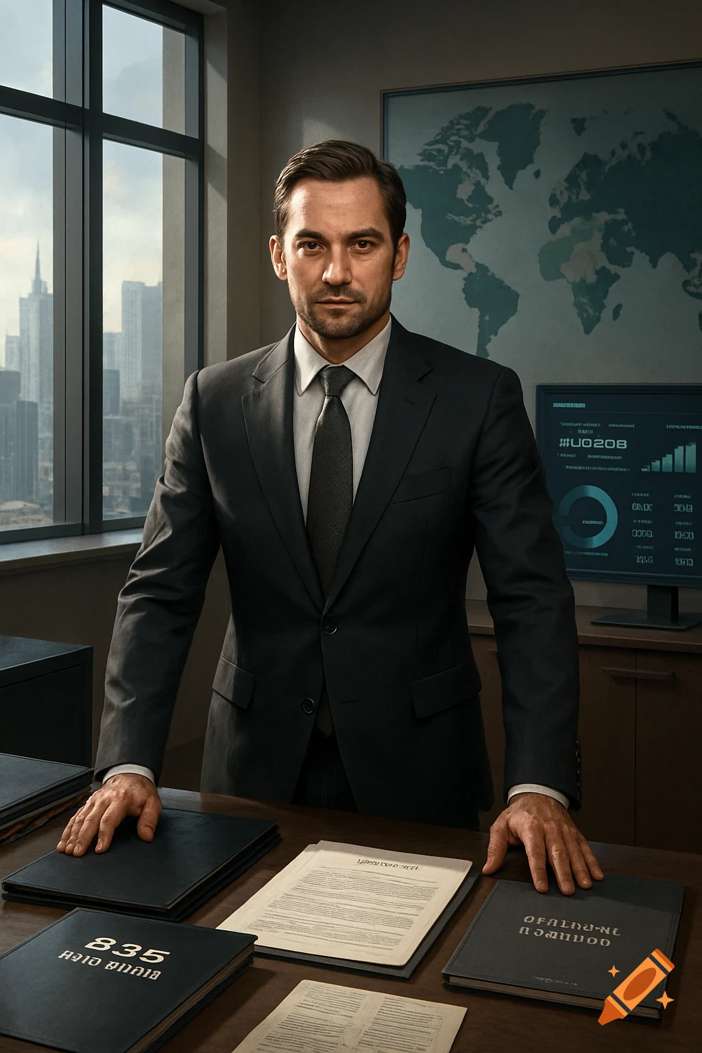 A man in a dark suit stands behind a desk in a modern office with a ...