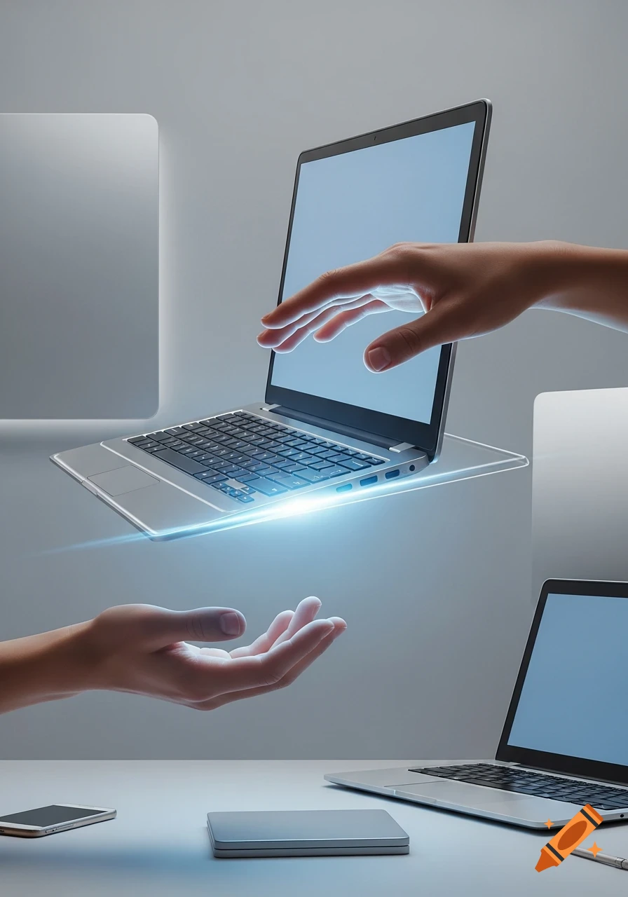 A silver laptop with a glowing base floating between two outstretched hands in a minimalist setting.