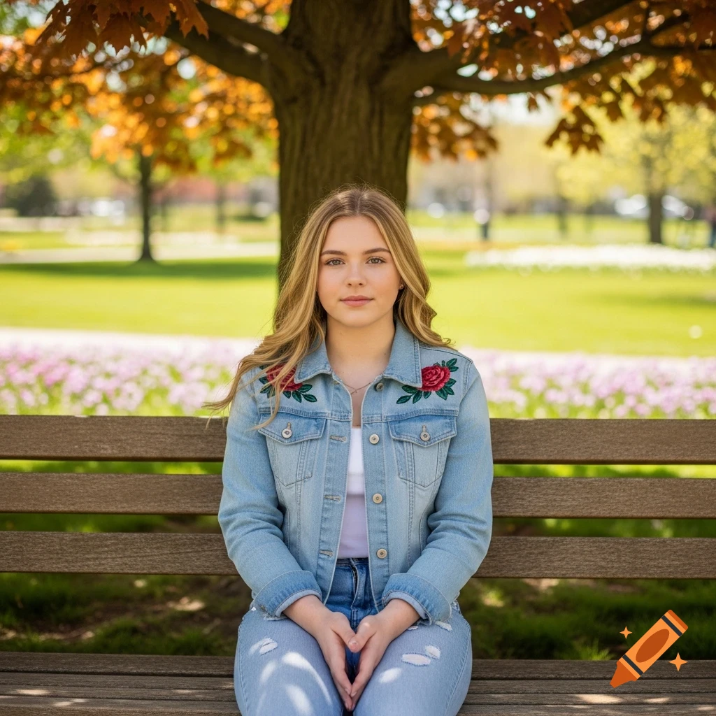 A blonde teenager with a denim jacket adorned with red roses sits on a wooden bench in a park under a tree with autumn leaves.