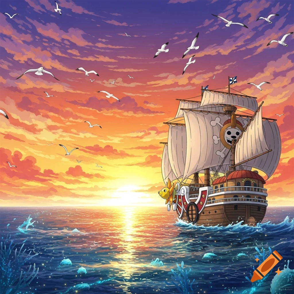 Anime-style pirate ship sailing on a vibrant sunset ocean with seagulls flying above.