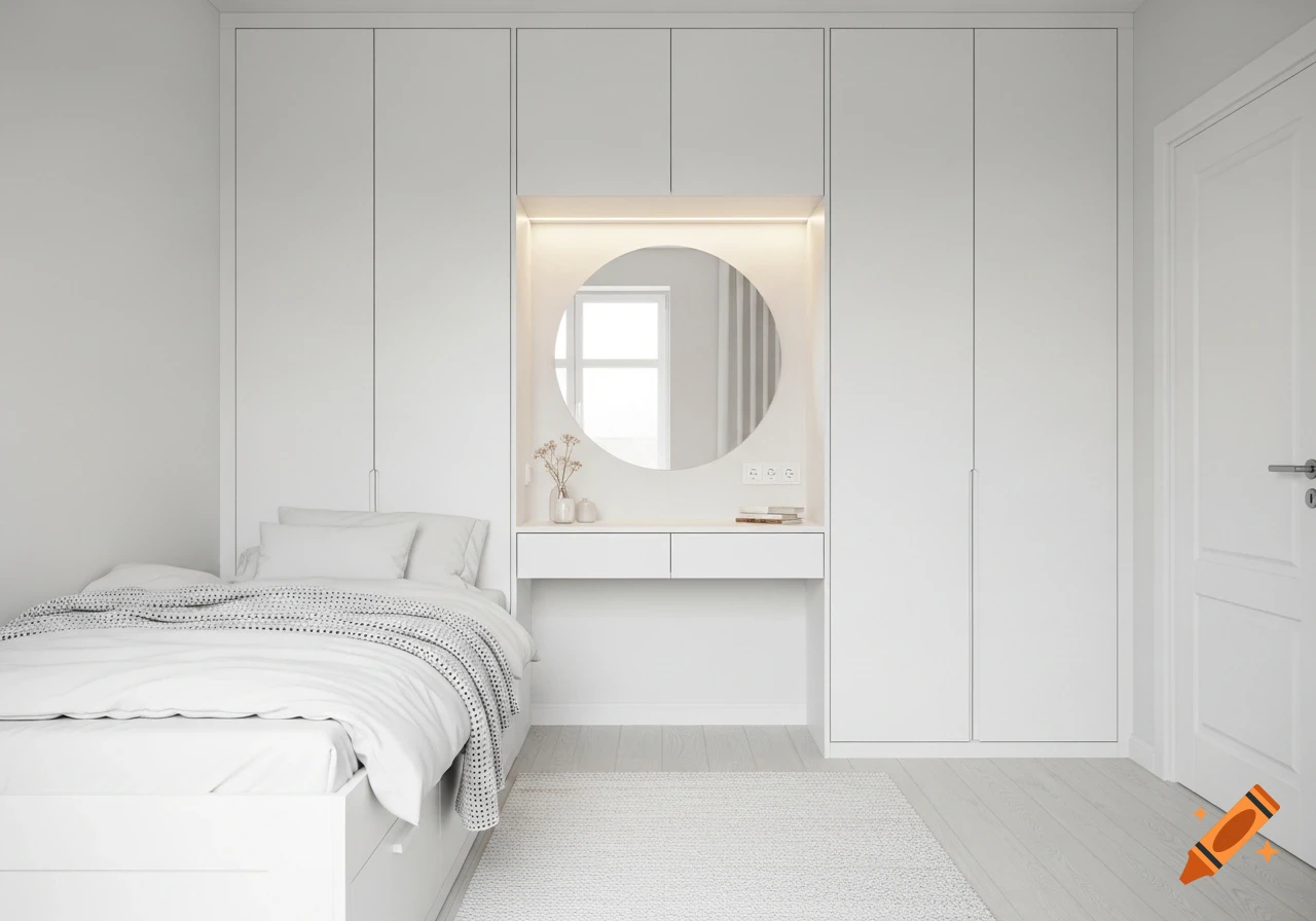 A modern all-white minimalist bedroom with a bed, built-in wardrobes, and a vanity desk with a circular mirror.