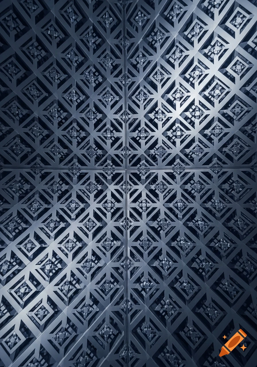 Dark metallic geometric pattern with intricate interlocking diamond and square shapes, creating a complex, repeating design.