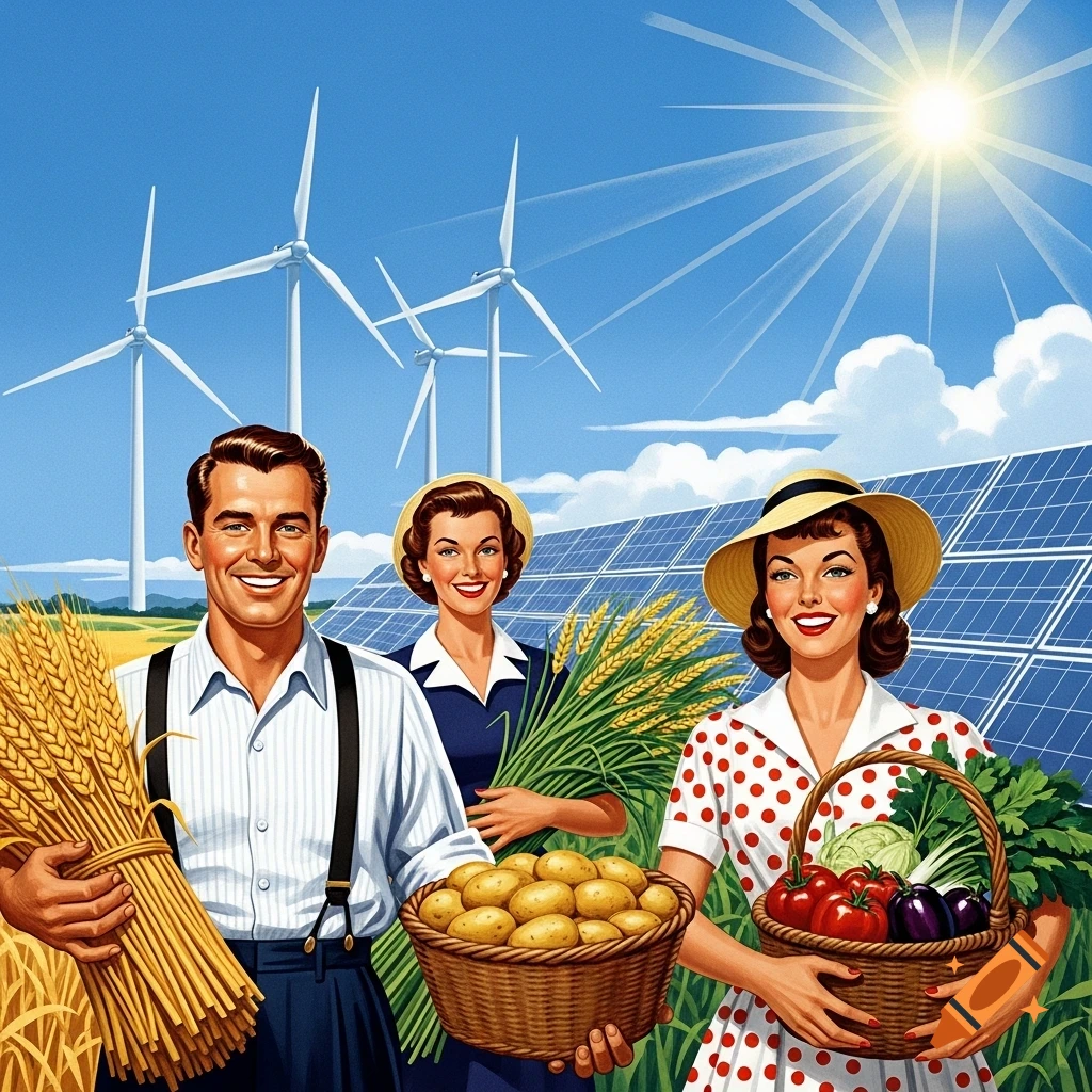 Smiling 1950s style farmers hold bountiful crops with wind turbines and solar panels under a sunny sky.