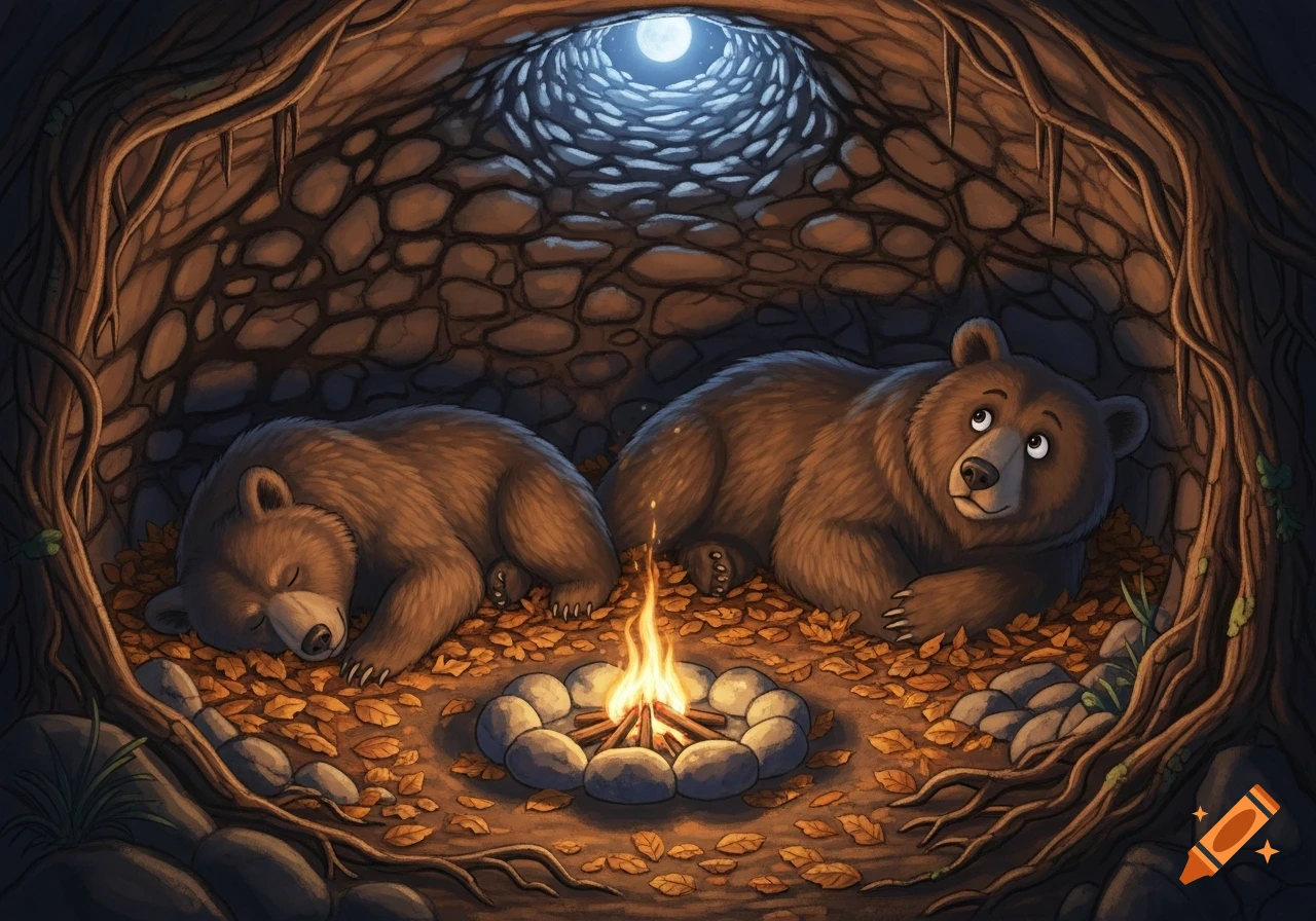Two cartoon bears, one sleeping and one awake, lie by a campfire in a cozy cave den with moonlight shining through a hole.