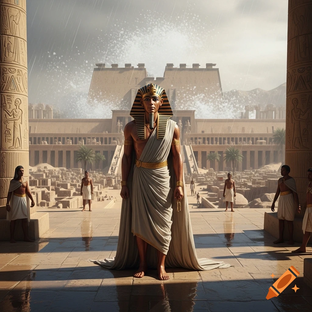 A pharaoh in a headdress and white robe stands on a wet stone platform in front of a grand Egyptian temple under a stormy, hail-filled sky.