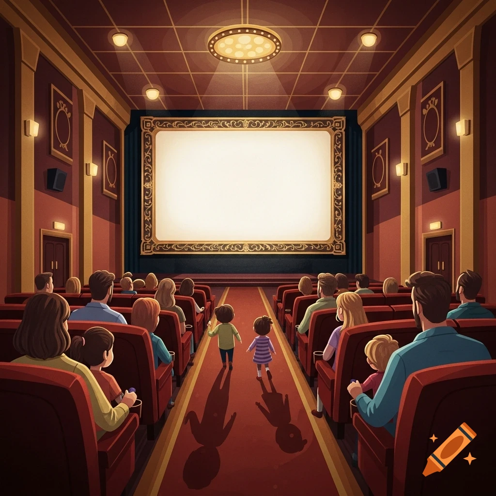 Cartoon illustration of a movie theater with a blank screen and families, including children, seated in red chairs.