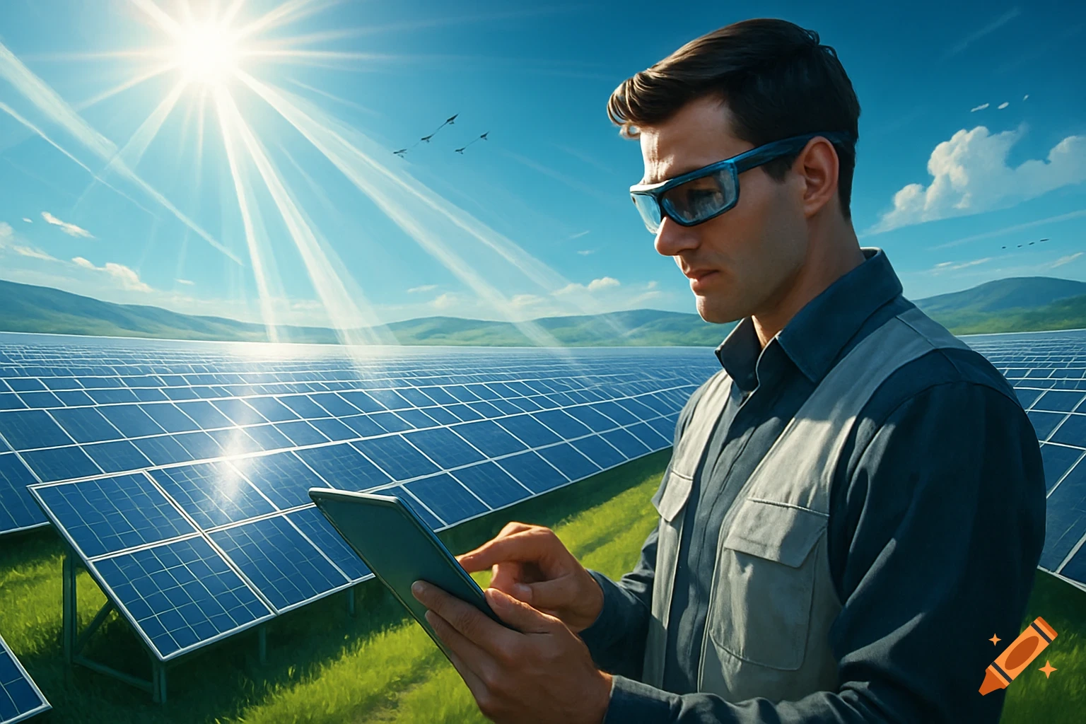 A man in safety glasses and workwear uses a tablet at a large solar panel farm under a bright, sunny sky.