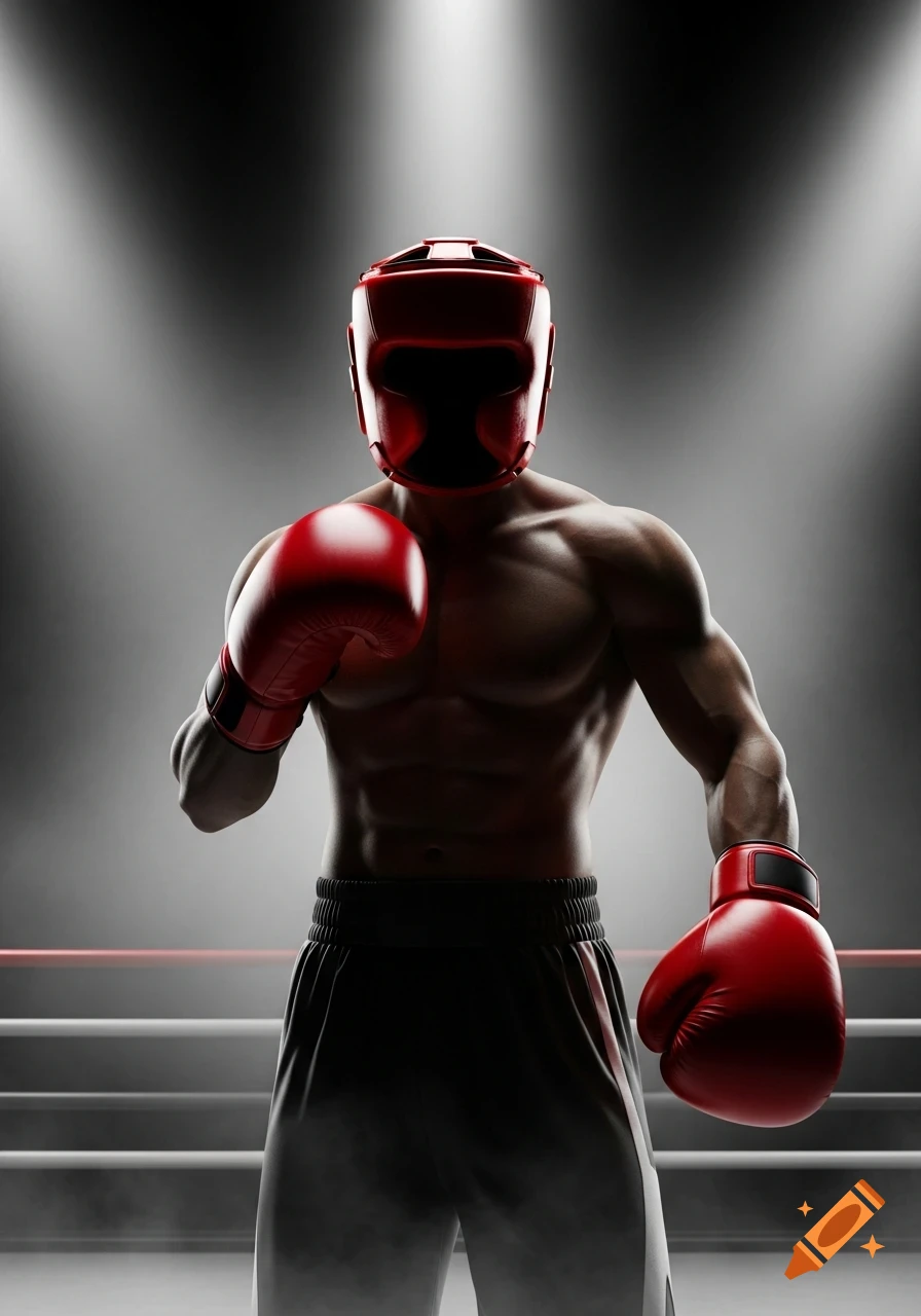 A muscular boxer in a red helmet and gloves stands in a spotlighted boxing ring.