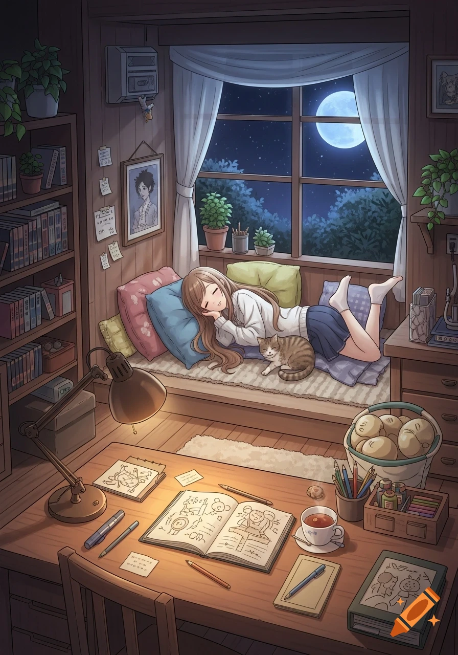 Anime girl sleeping with a cat in a cozy wooden room with a desk by moonlight.