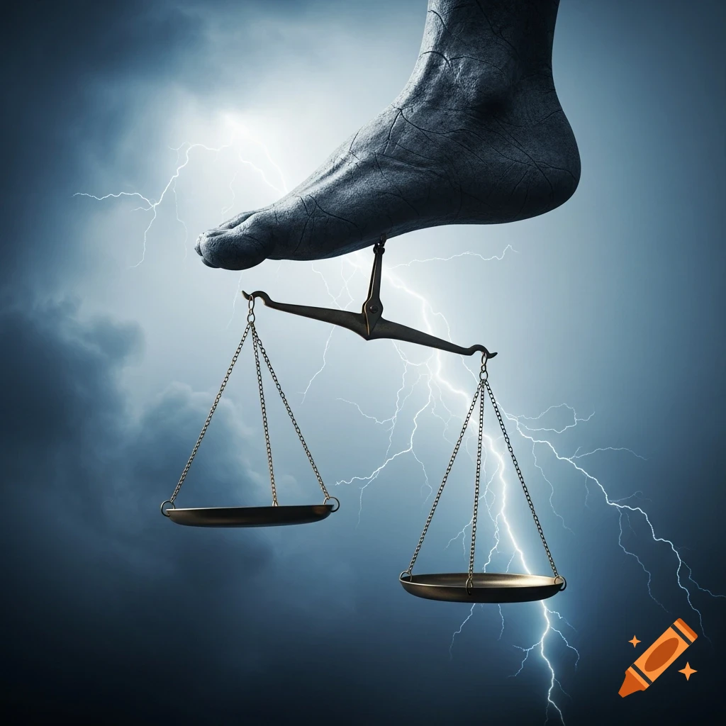 A large, stone-like foot steps heavily on the balanced scales of justice under a dramatic, lightning-filled sky.