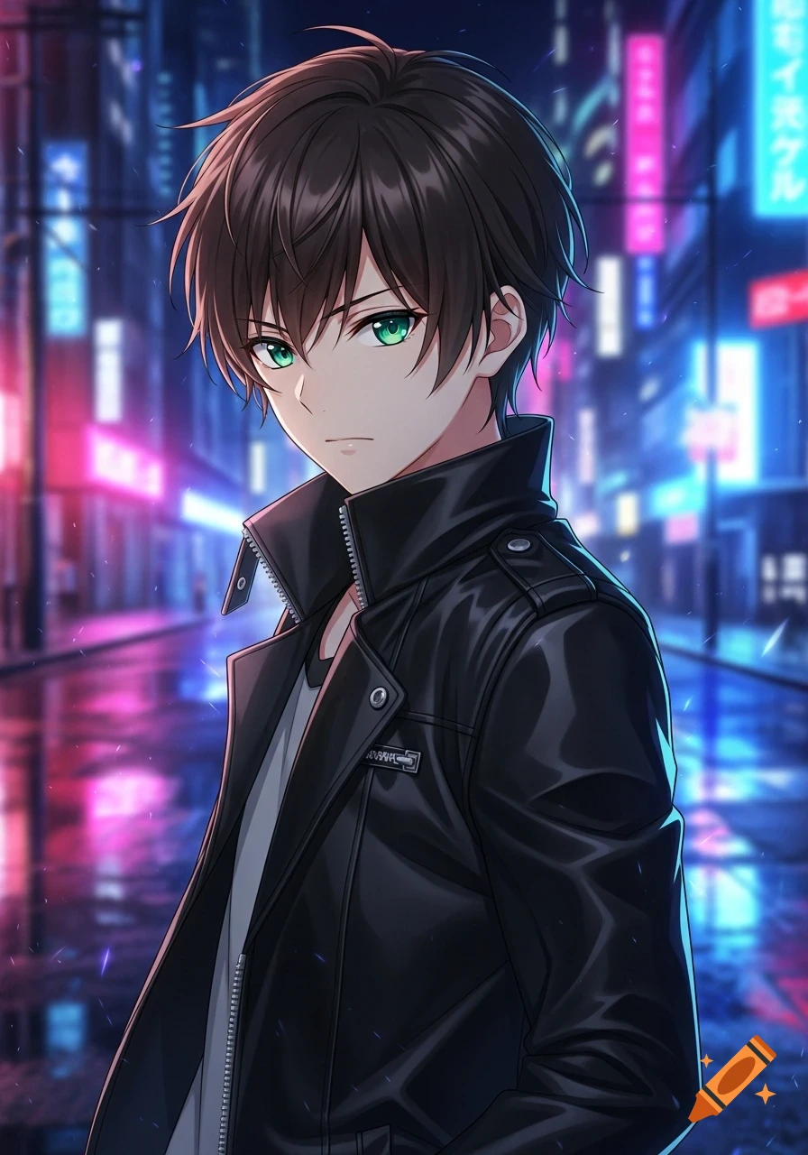 Anime boy with brown hair and green eyes in a black leather jacket, standing in a neon-lit city street at night.