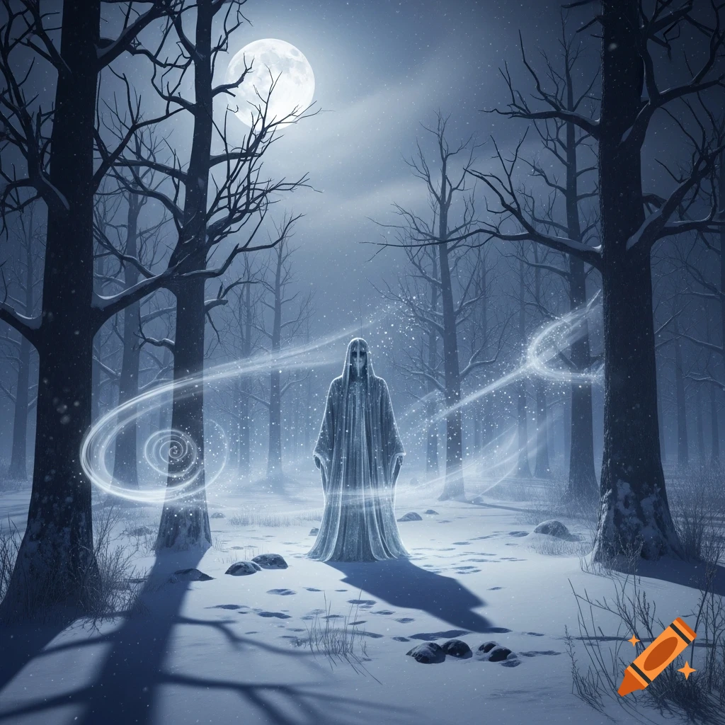 Eerie robed ghost with a skeletal face in a snowy winter forest under a full moon, surrounded by swirling light.